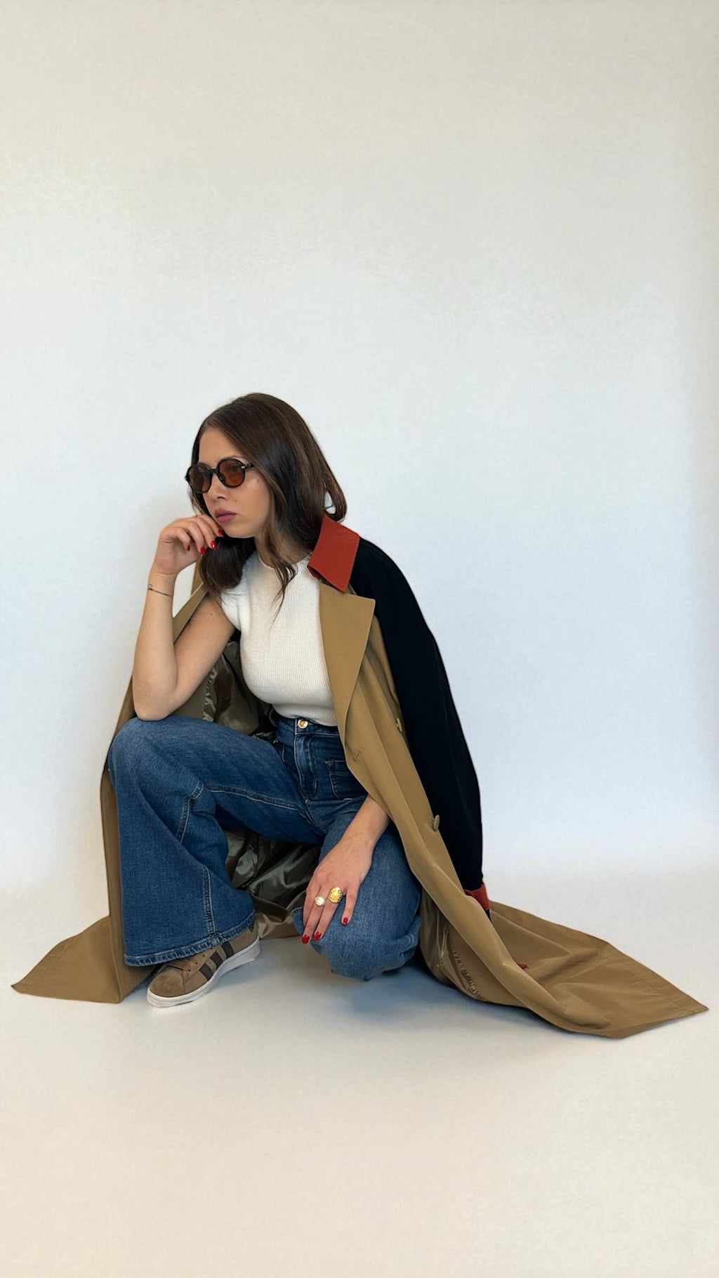 Trench coat a blocchi di colore con cintura – Misto cotone