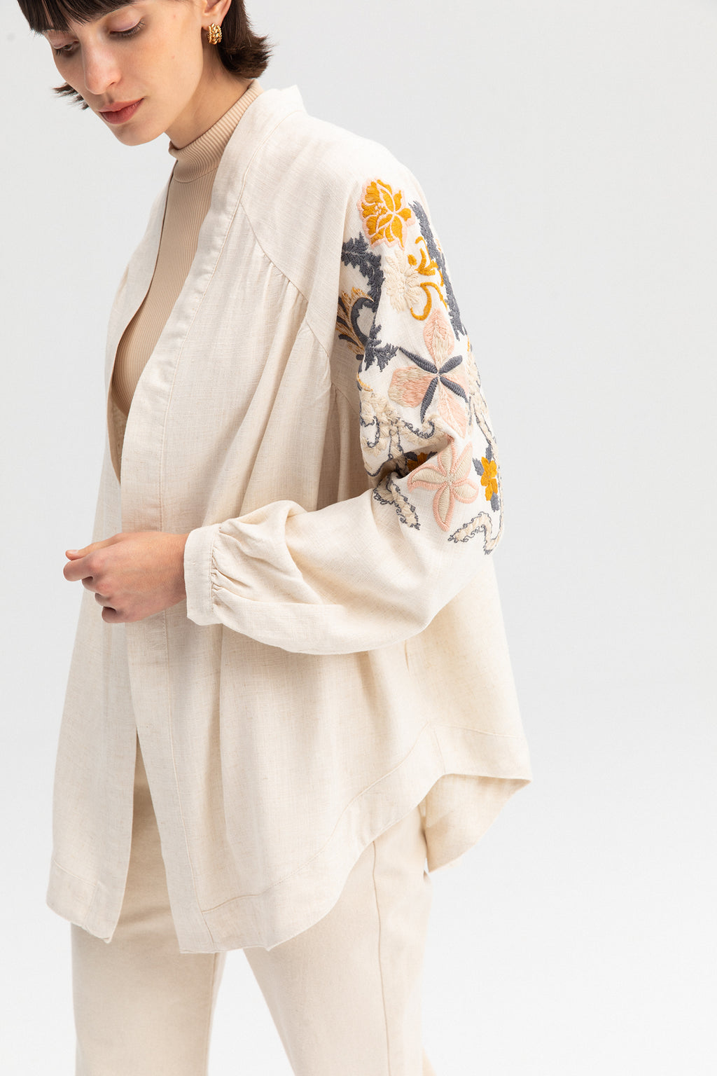 Giacca Kimono Ricamata  Floreale Boho- Misto Lino Viscosa