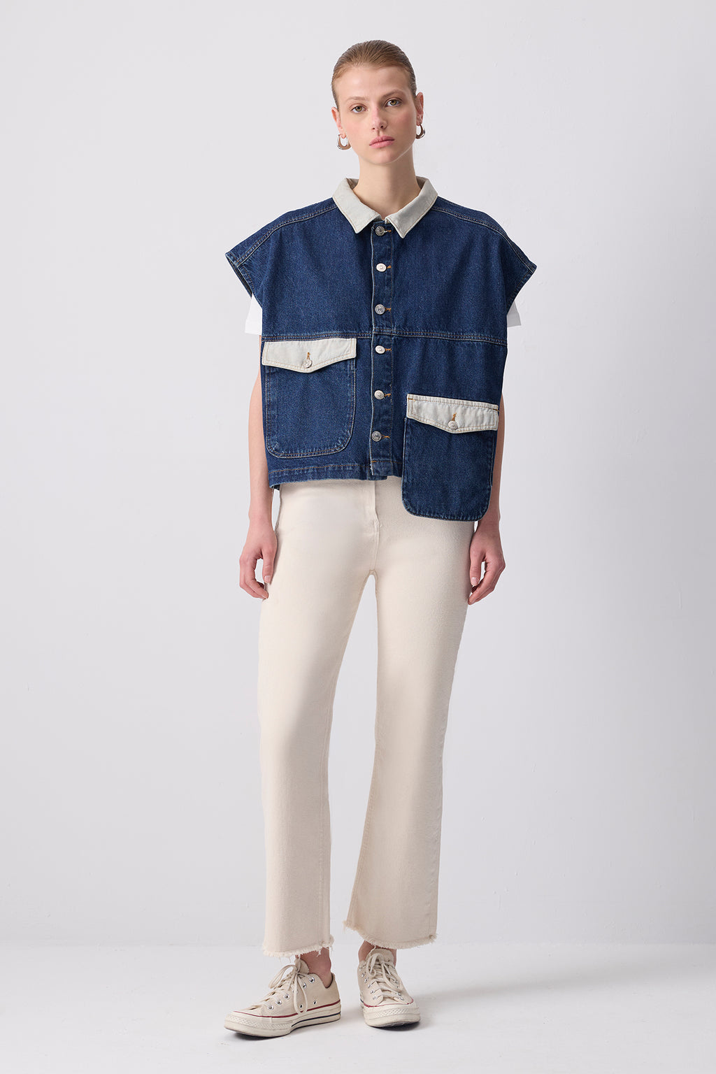 Gilet Denim Bicolore Con Tasche