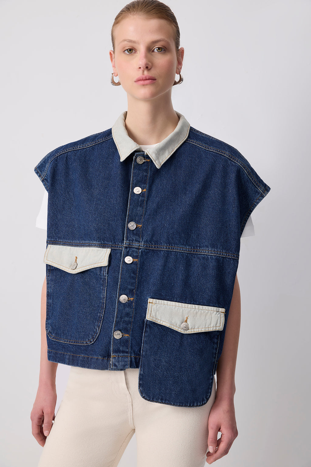 Gilet Denim Bicolore Con Tasche