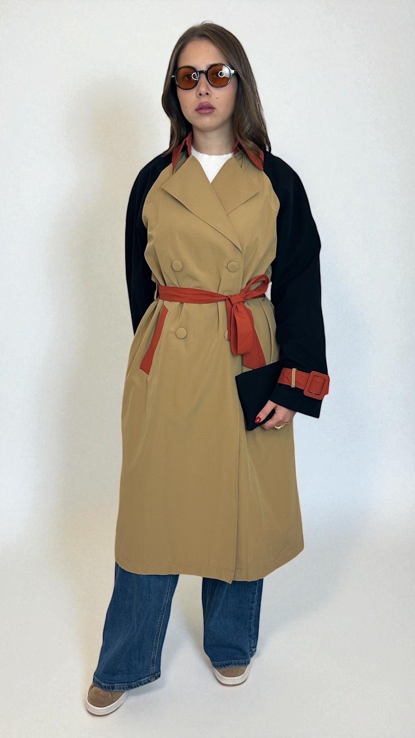 Trench coat a blocchi di colore con cintura – Misto cotone