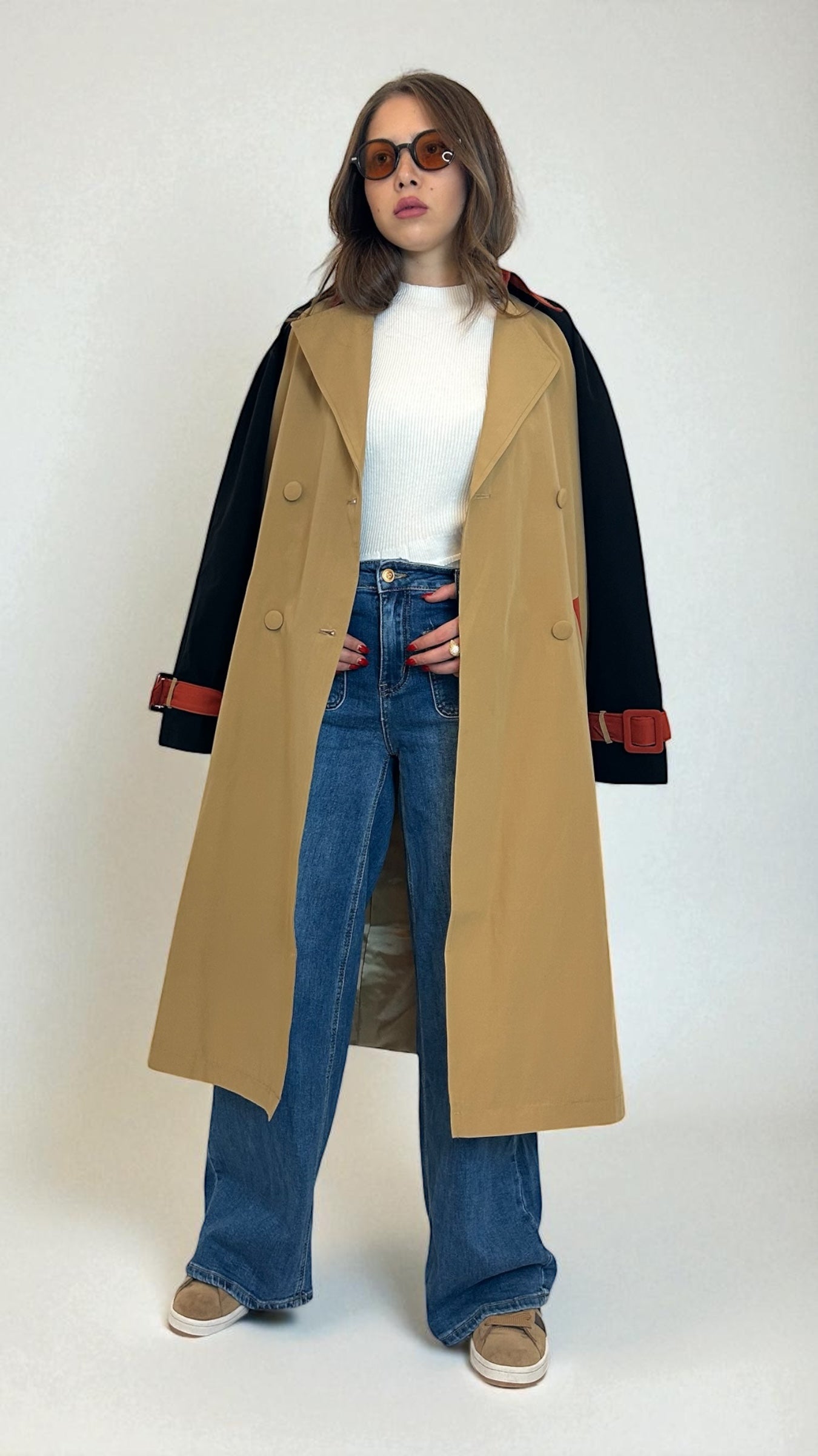 Trench coat a blocchi di colore con cintura – Misto cotone