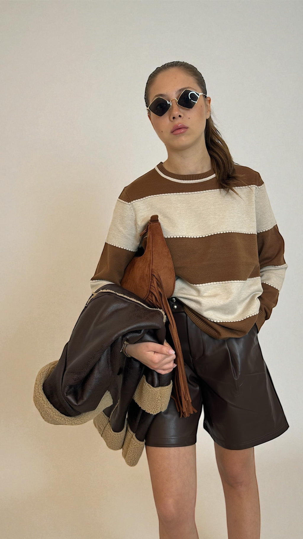 Maglione rigato Cammello/Panna