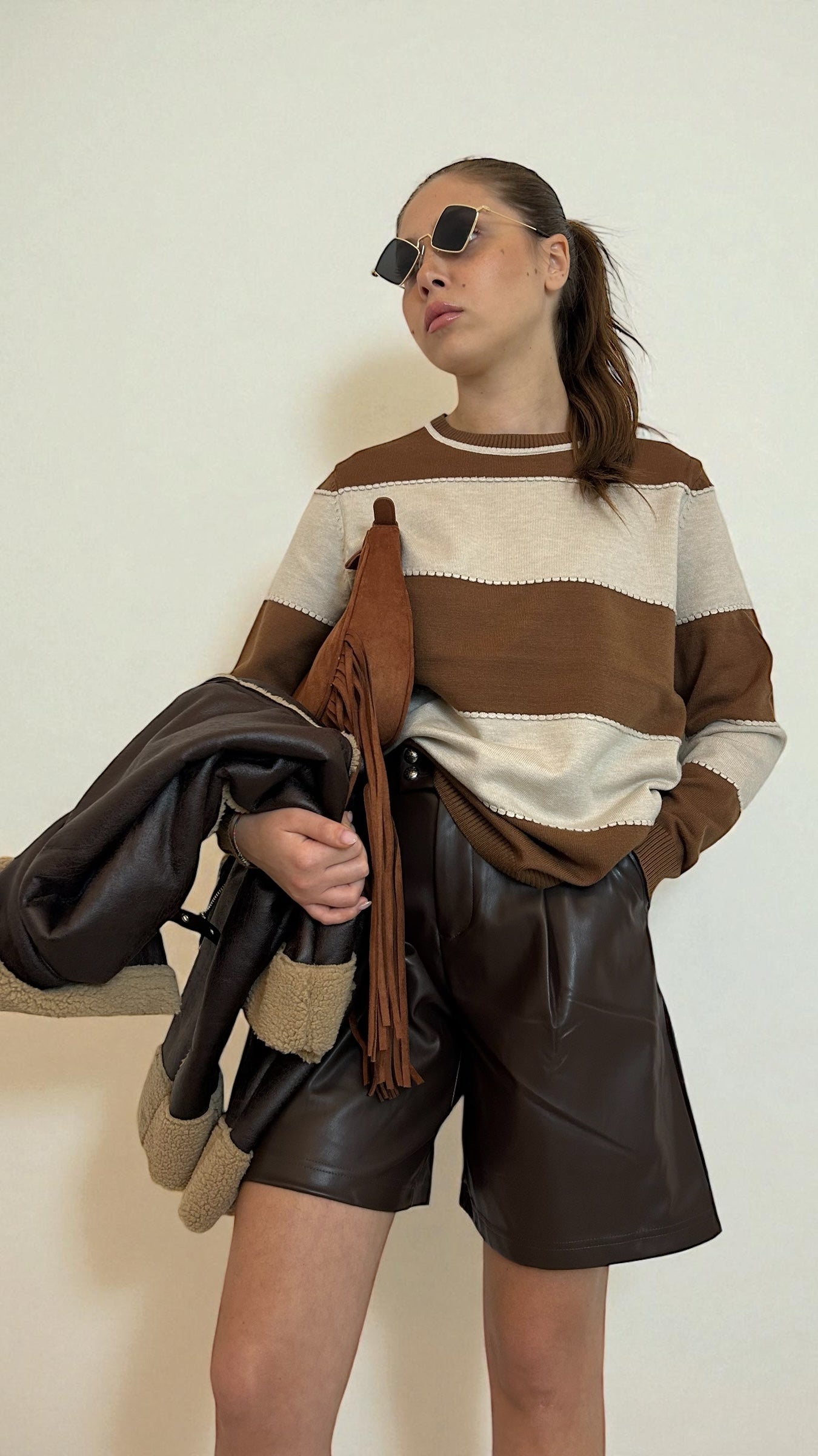 Maglione rigato Cammello/Panna