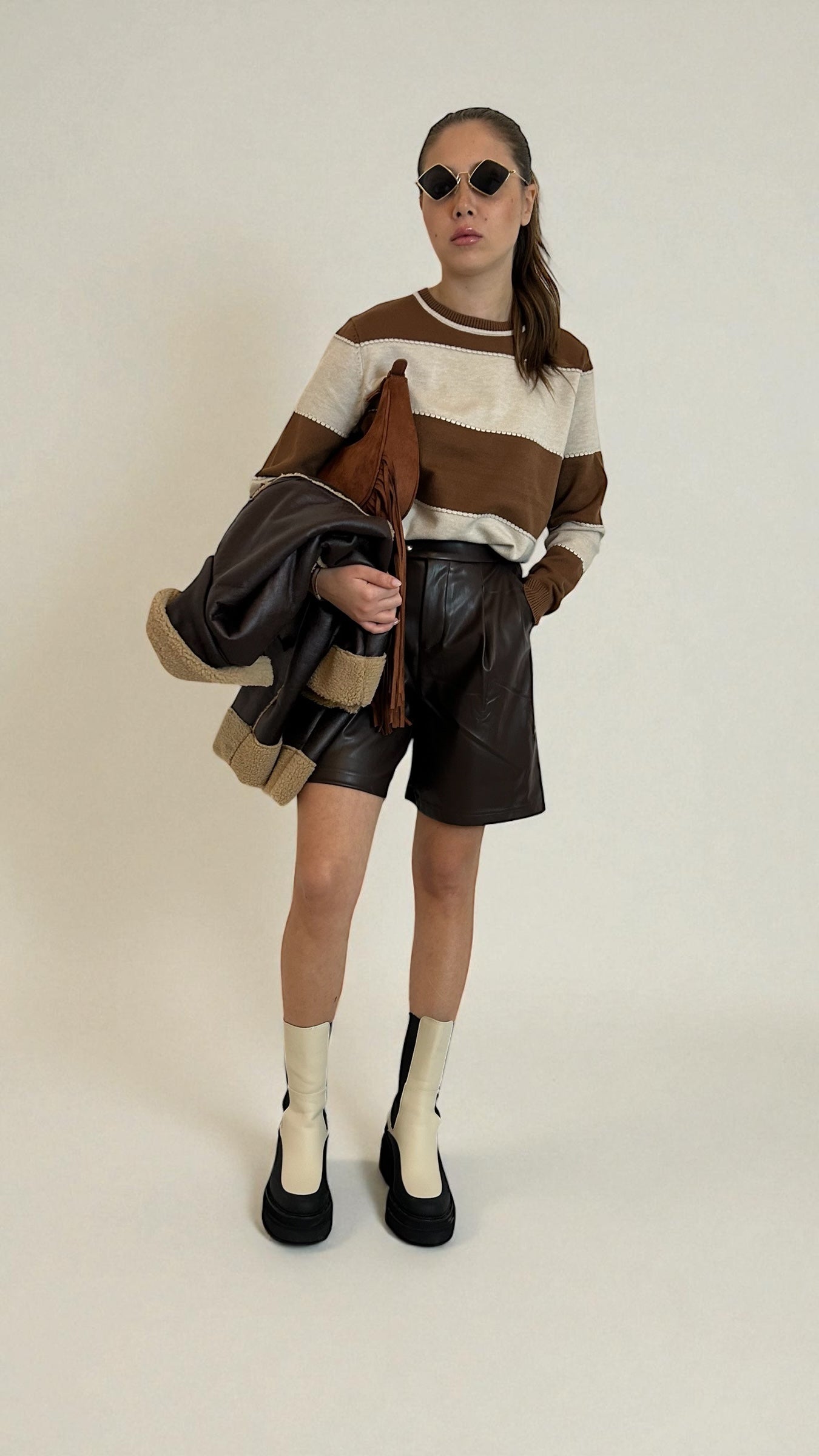 Maglione rigato Cammello/Panna