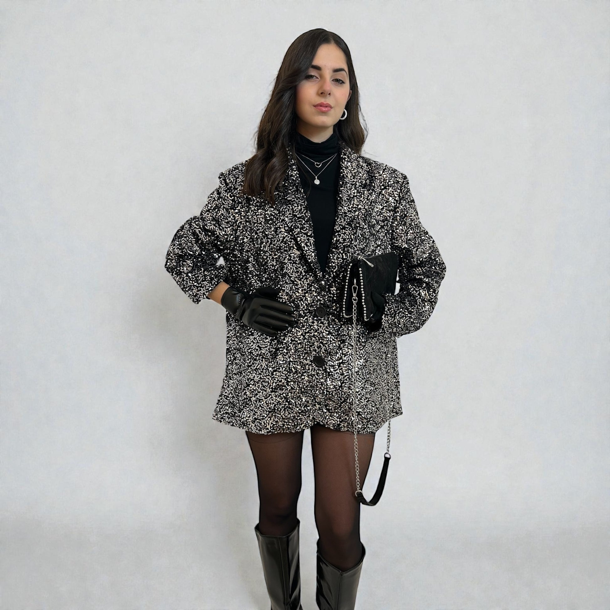 Blazer Over-size Paillettes Argento-nero