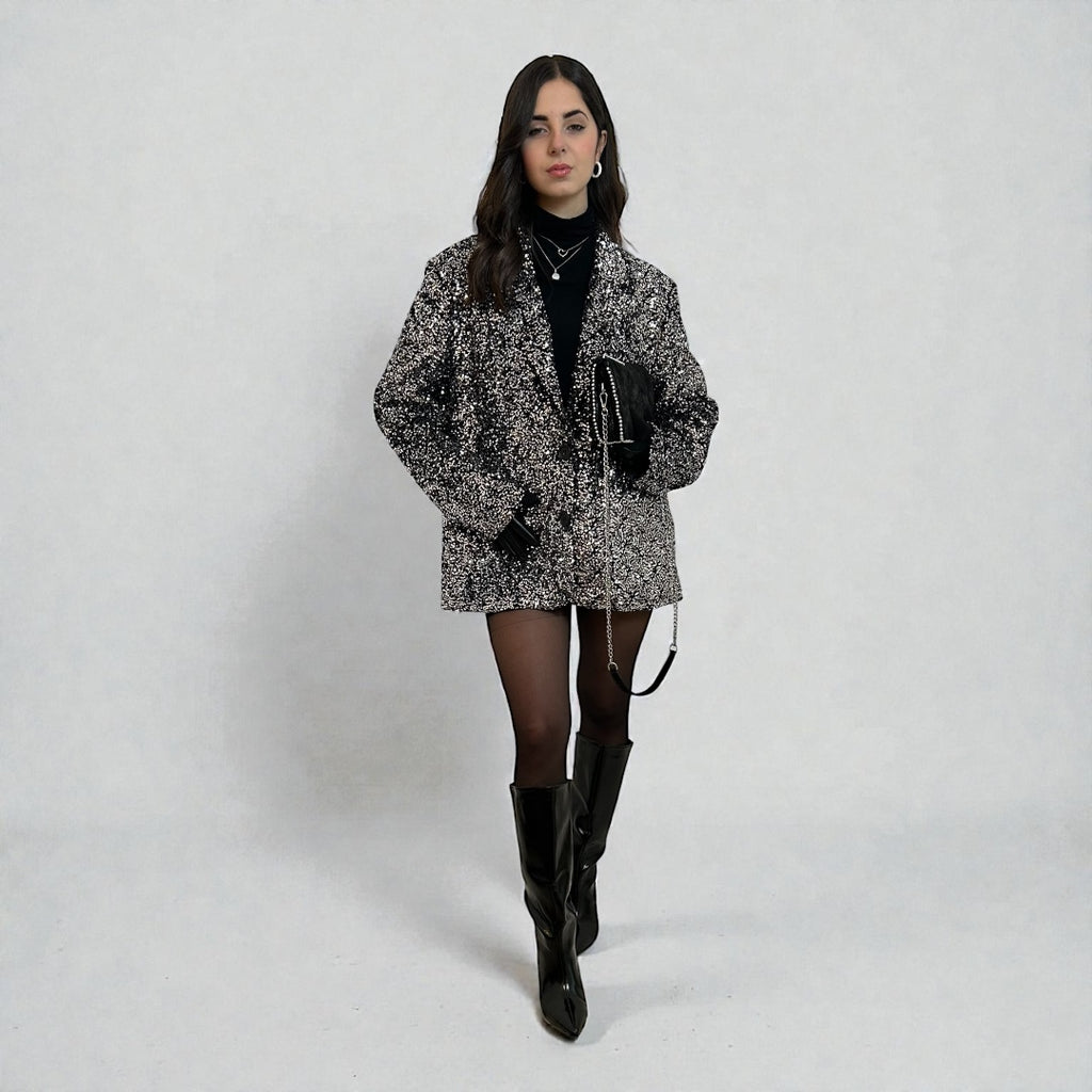 Blazer Over-size Paillettes Argento-nero